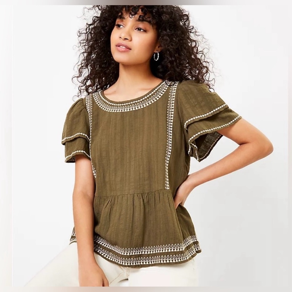 LOFT Olive Blouse with Embroidered Accents
